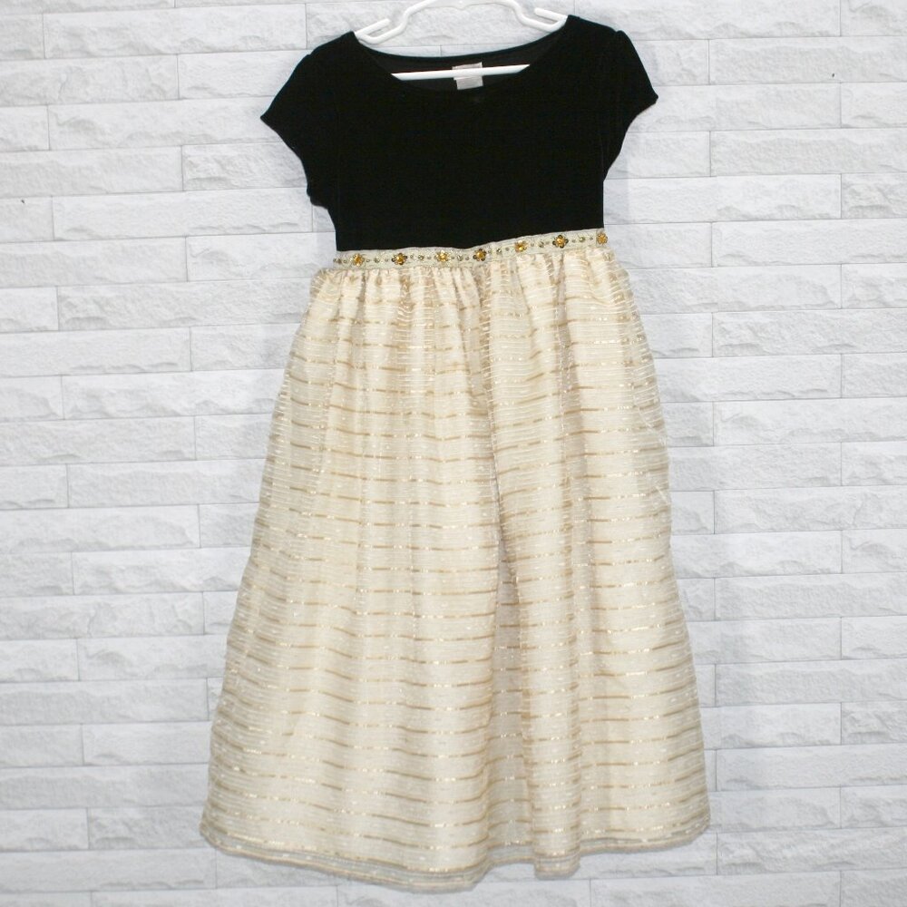 PERFECTLY DRESSED Dress Velvet Holiday Metallic Striped Short Sleeve Gold 6